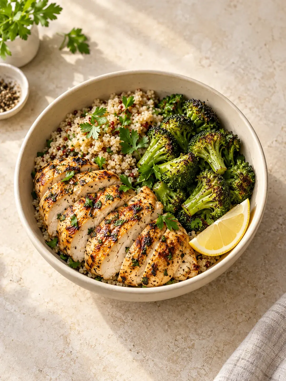 Golden sliced lemon chicken, quinoa and green broccoli in an ivory bowl on warm stone